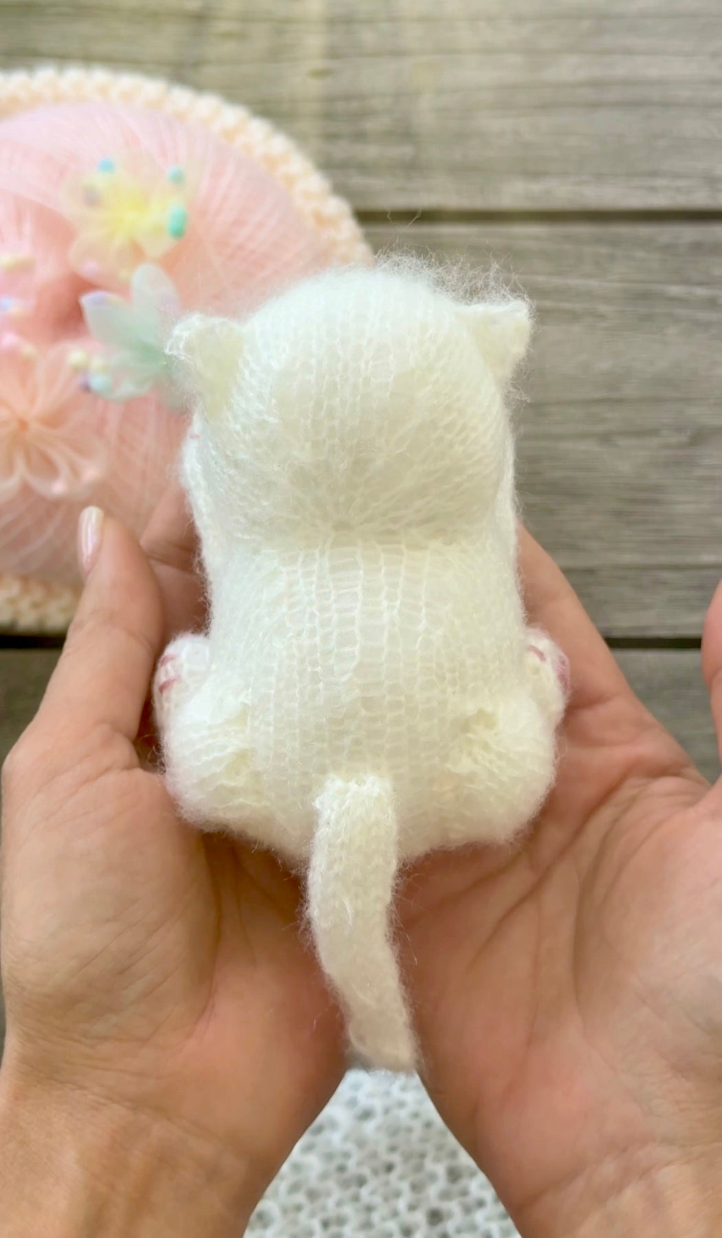 Handmade White Knitted Sleeping Kitten in Blue Bunny Bonnet and Blanket with Butterfly Toy