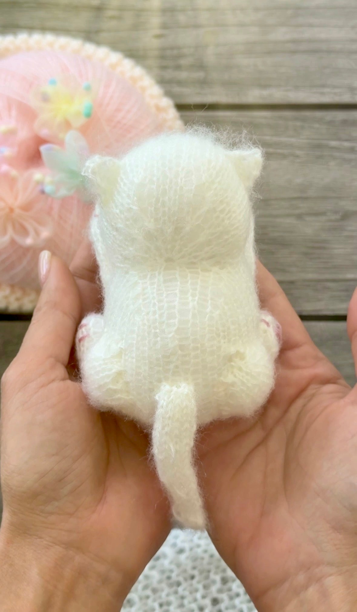 Handmade White Knitted Sleeping Kitten in Blue Bunny Bonnet and Blanket with Butterfly Toy