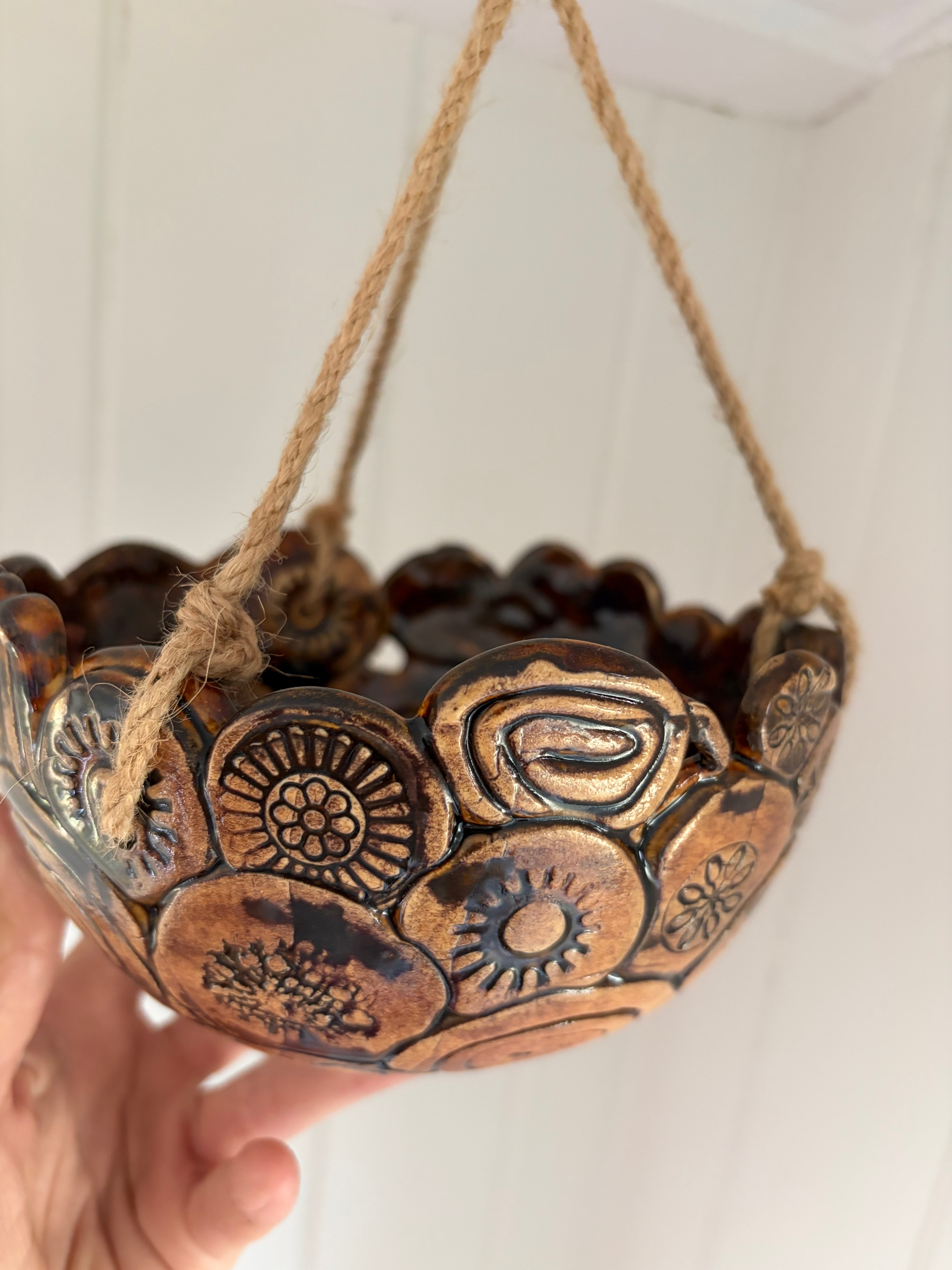 Unique Coil Pottery Hanging Planter - Brown/Black