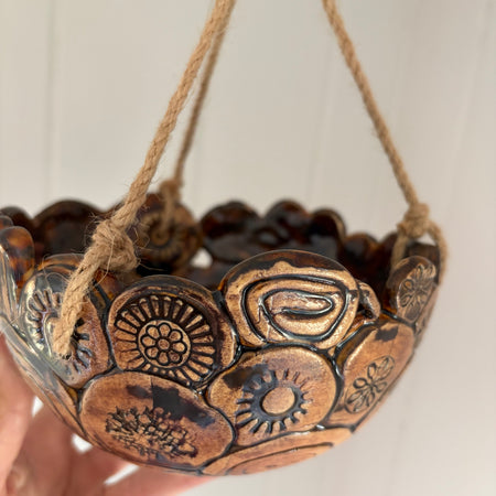Unique Coil Pottery Hanging Planter - Brown/Black