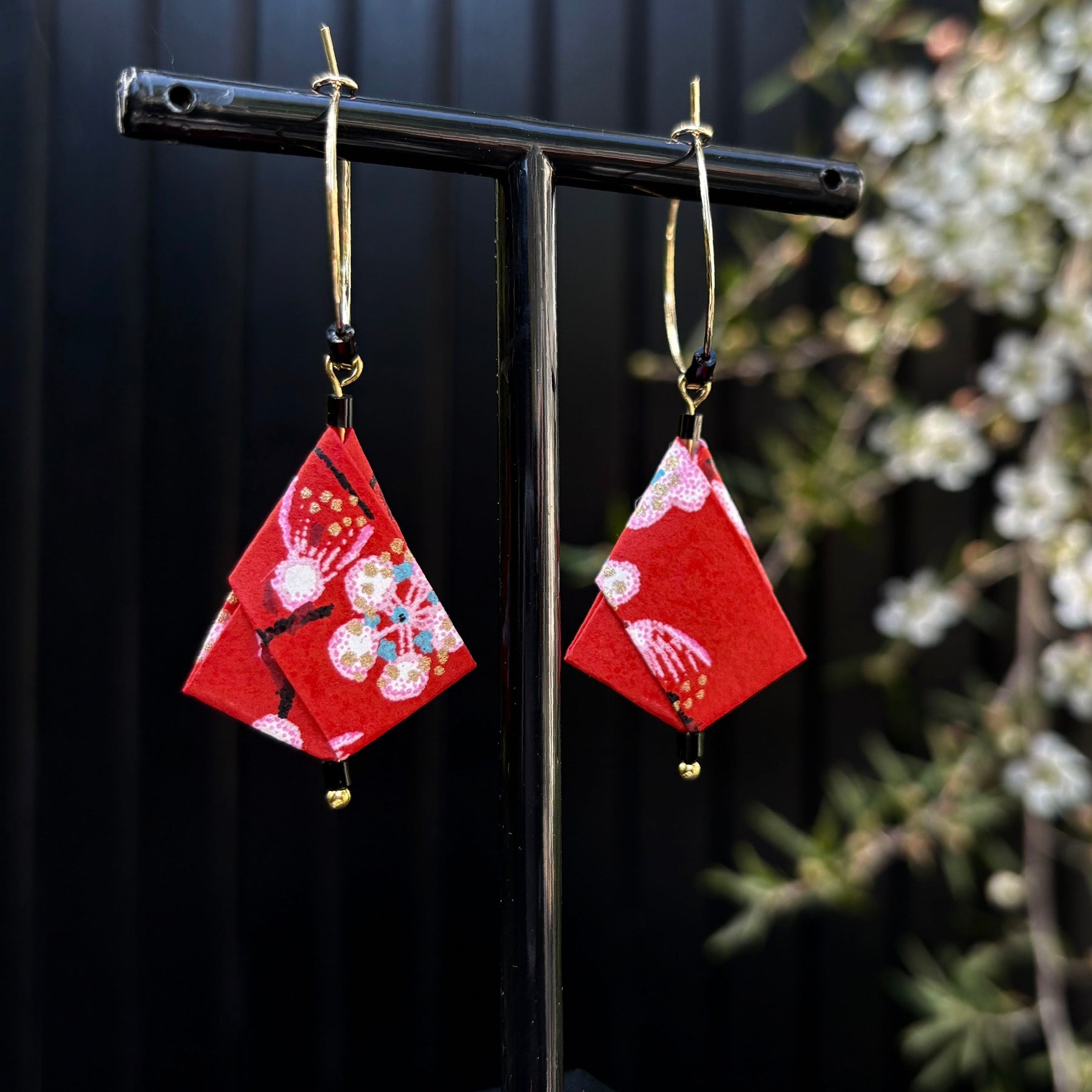 Origami Hoop Earrings – Crimson Plum.  Japanese Yuzen Chiyogami