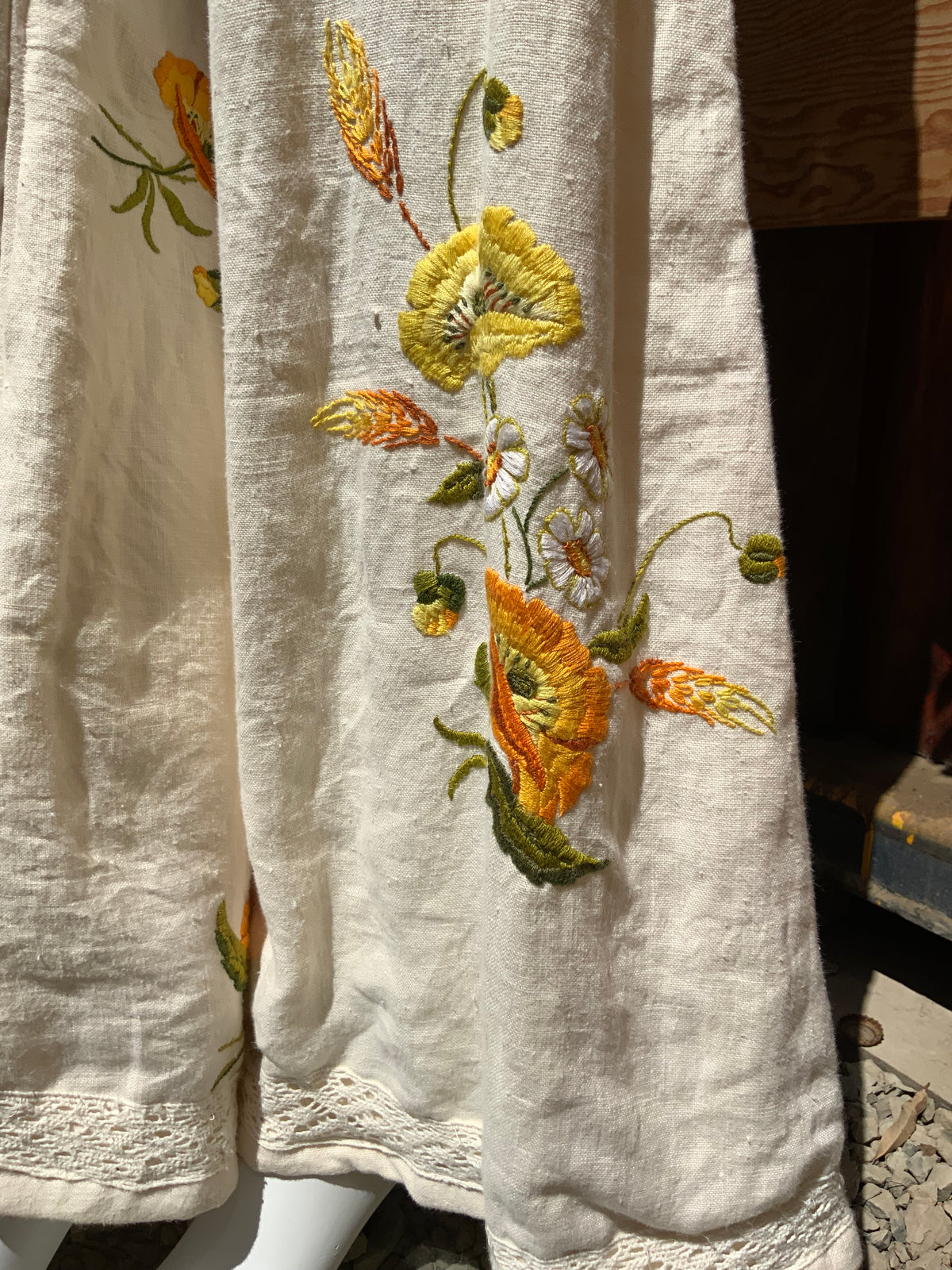 Upcycled embroidered linen tablecloth into "Flower Power" Bell Bottoms