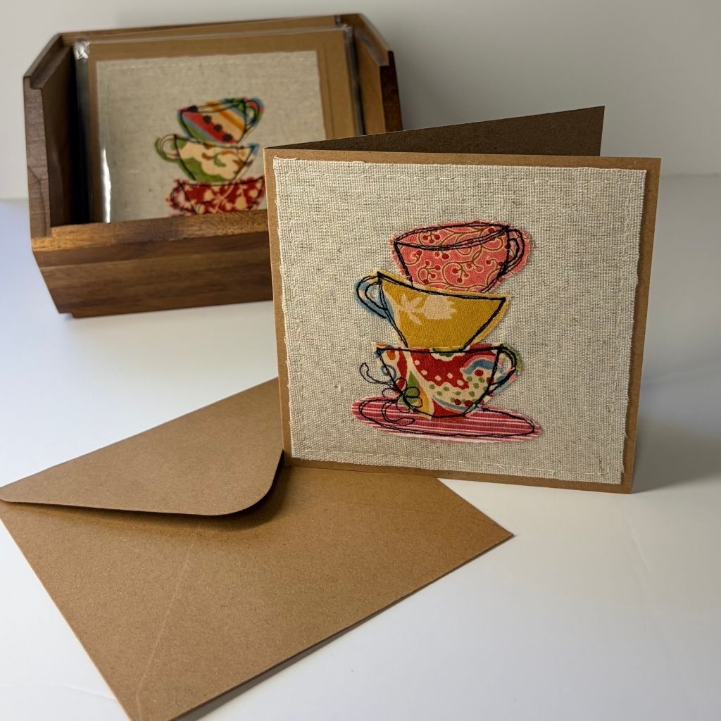 Teacups - Handmade Fabric Greeting Card