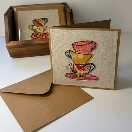 Teacups - Handmade Fabric Greeting Card