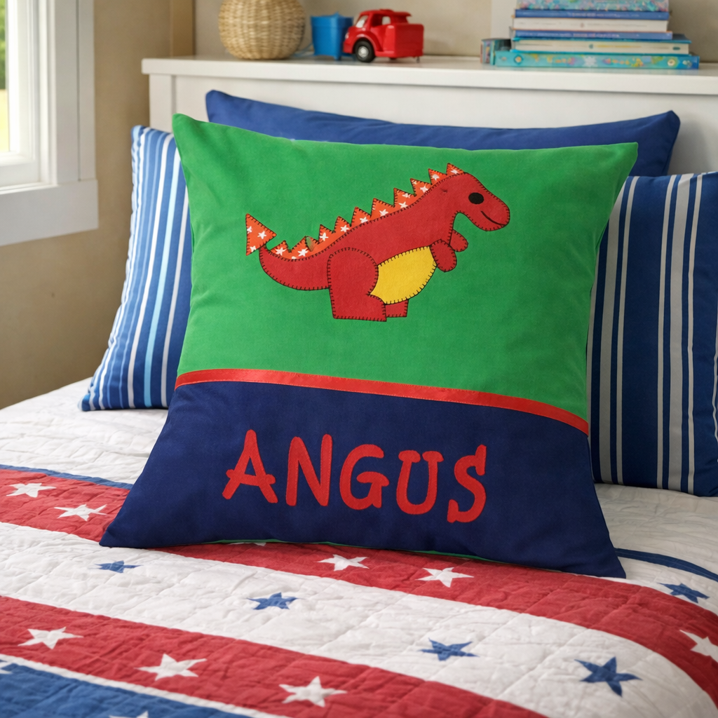 Personalised Kids Cushion | Custom Name Pillow | Handmade Applique Cushion | Nursery Decor - Dinosaur