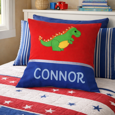 Personalised Kids Cushion | Custom Name Pillow | Handmade Applique Cushion | Nursery Decor - Dinosaur