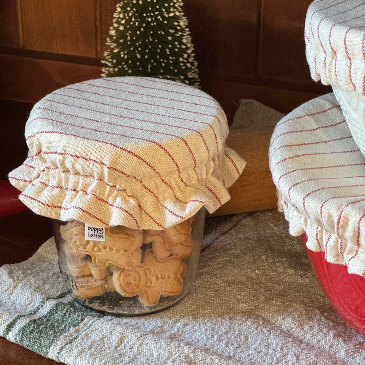 Reusable Christmas Pudding Bowl Covers & Matching Frilled Jar Cover | Reversible Natural Cotton