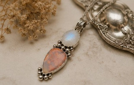 Cherry Blossom Agate & Rainbow Moonstone Sterling Silver Pendant