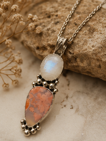 Cherry Blossom Agate & Rainbow Moonstone Sterling Silver Pendant