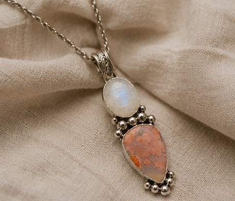 Cherry Blossom Agate & Rainbow Moonstone Sterling Silver Pendant