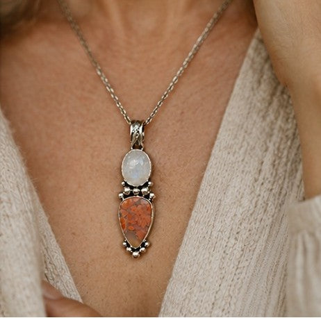 Cherry Blossom Agate & Rainbow Moonstone Sterling Silver Pendant