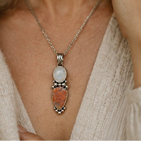 Cherry Blossom Agate & Rainbow Moonstone Sterling Silver Pendant