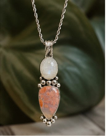 Cherry Blossom Agate & Rainbow Moonstone Sterling Silver Pendant