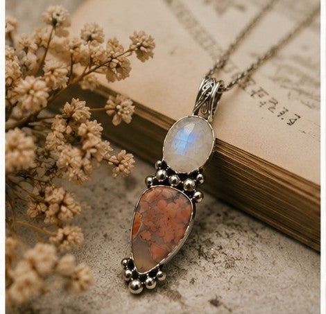 Cherry Blossom Agate & Rainbow Moonstone Sterling Silver Pendant