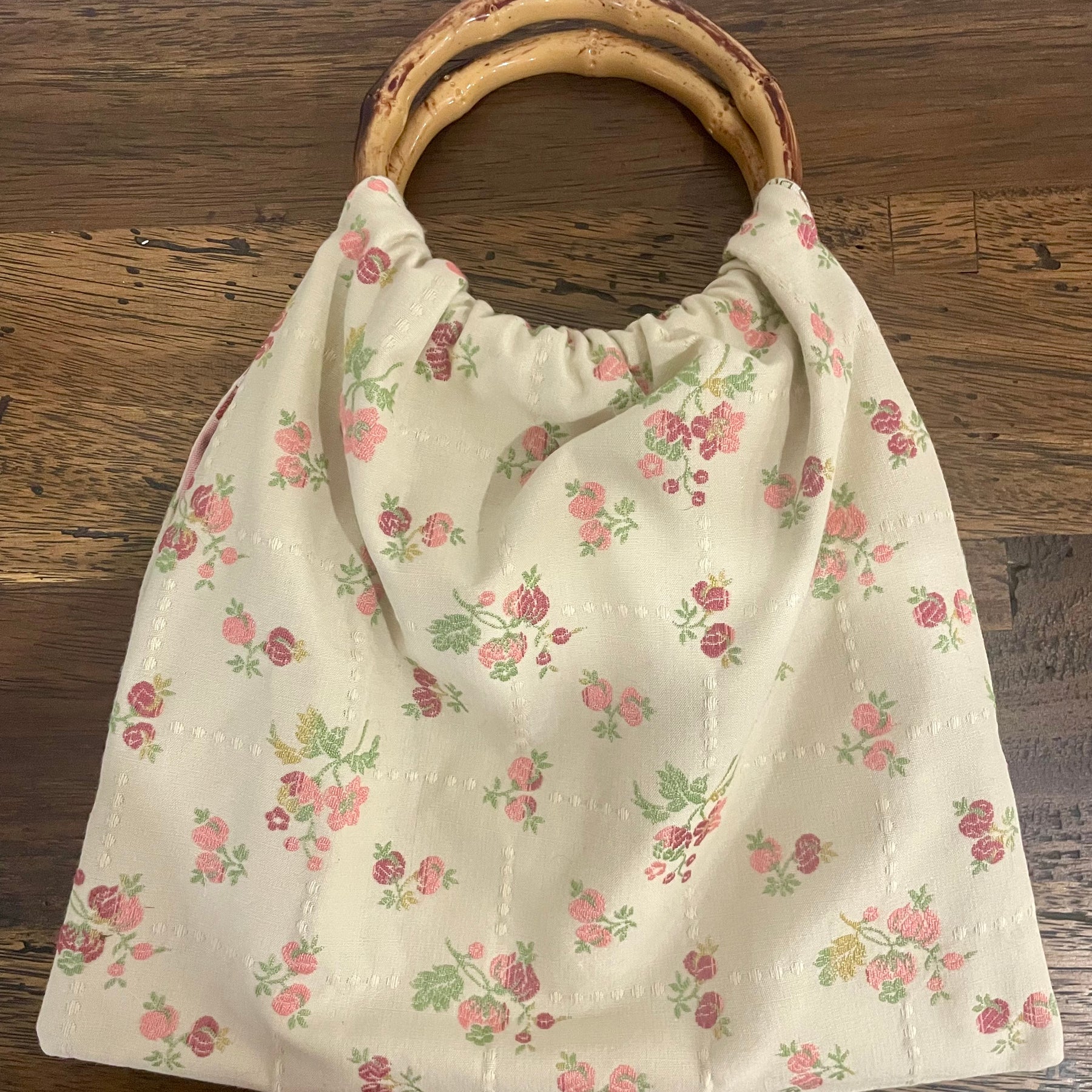 Small Embroidered Rose Granny Bag, Bamboo Handles, Handmade