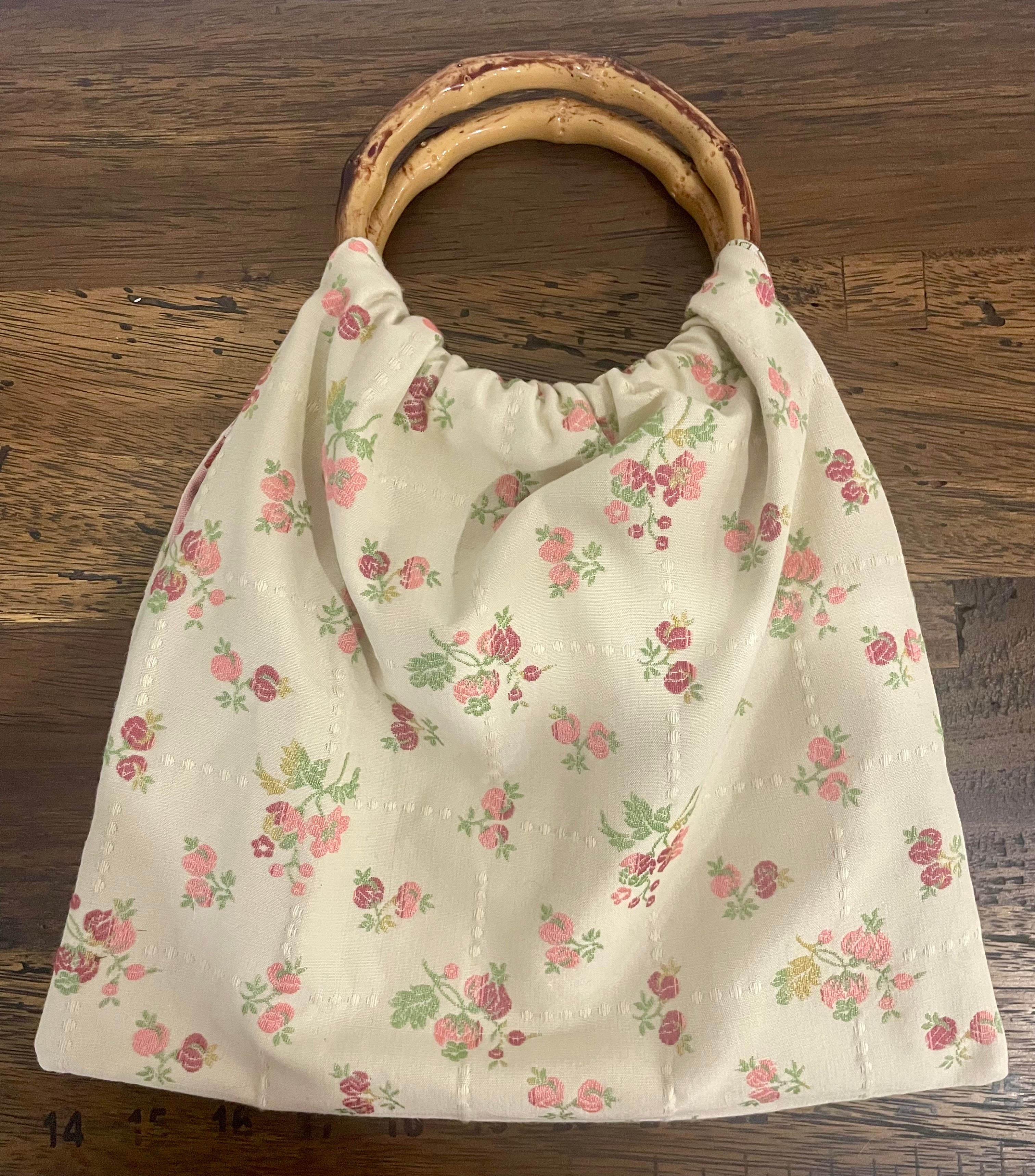 Small Embroidered Rose Granny Bag, Bamboo Handles, Handmade