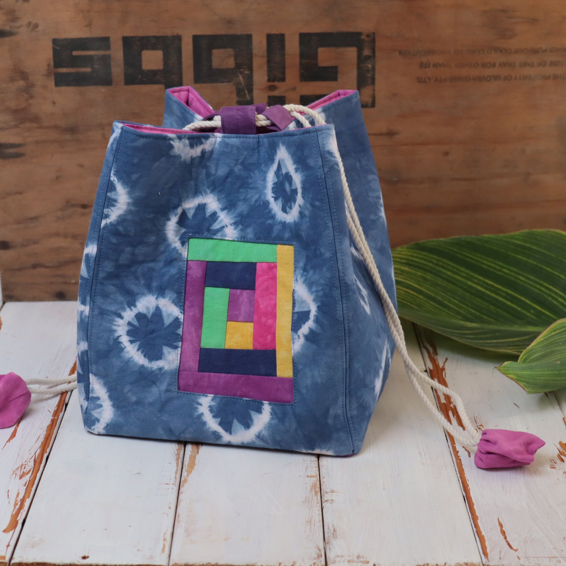 Large Tie Dyed Komebukuro Bag with patchwork window