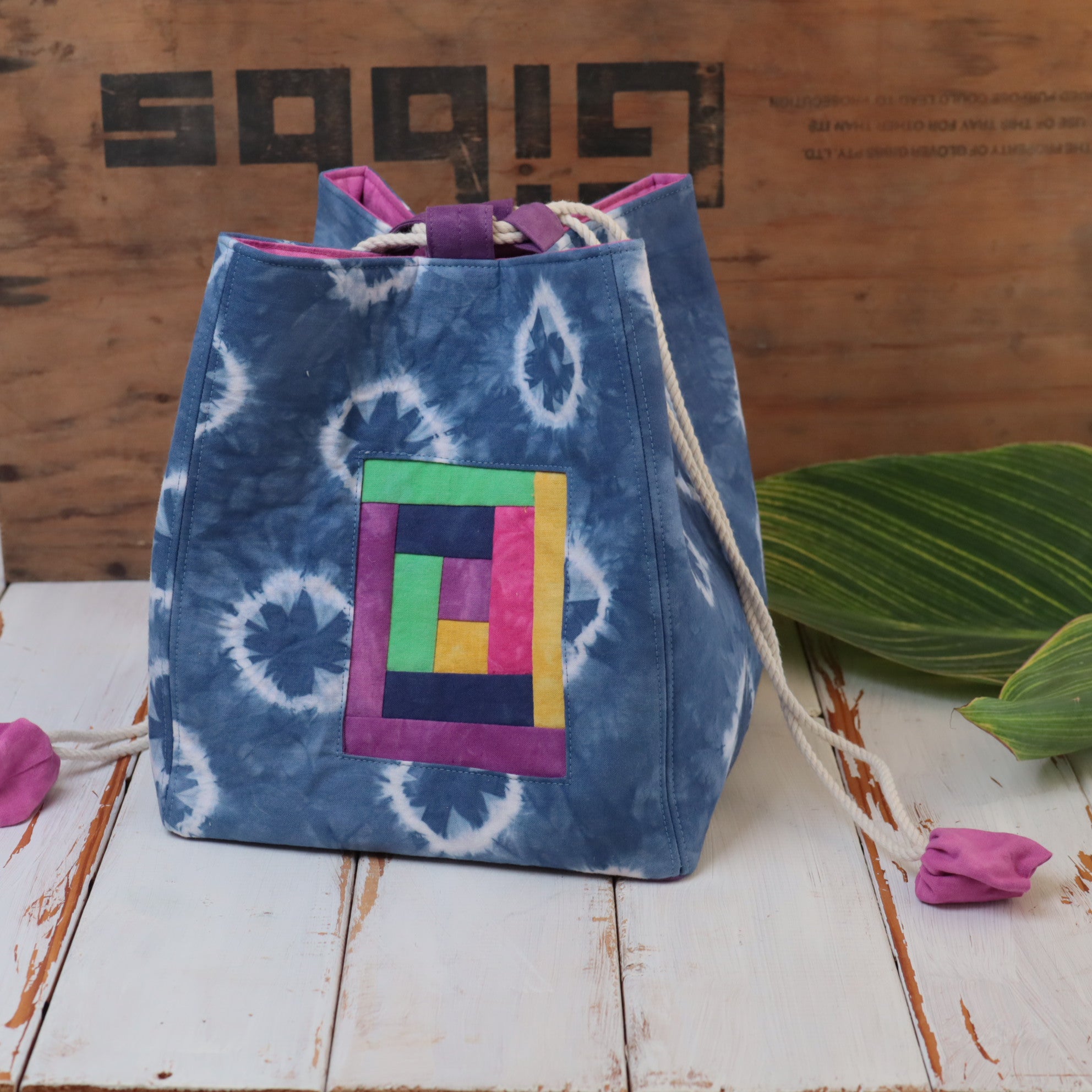 Large Tie Dyed Komebukuro Bag with patchwork window