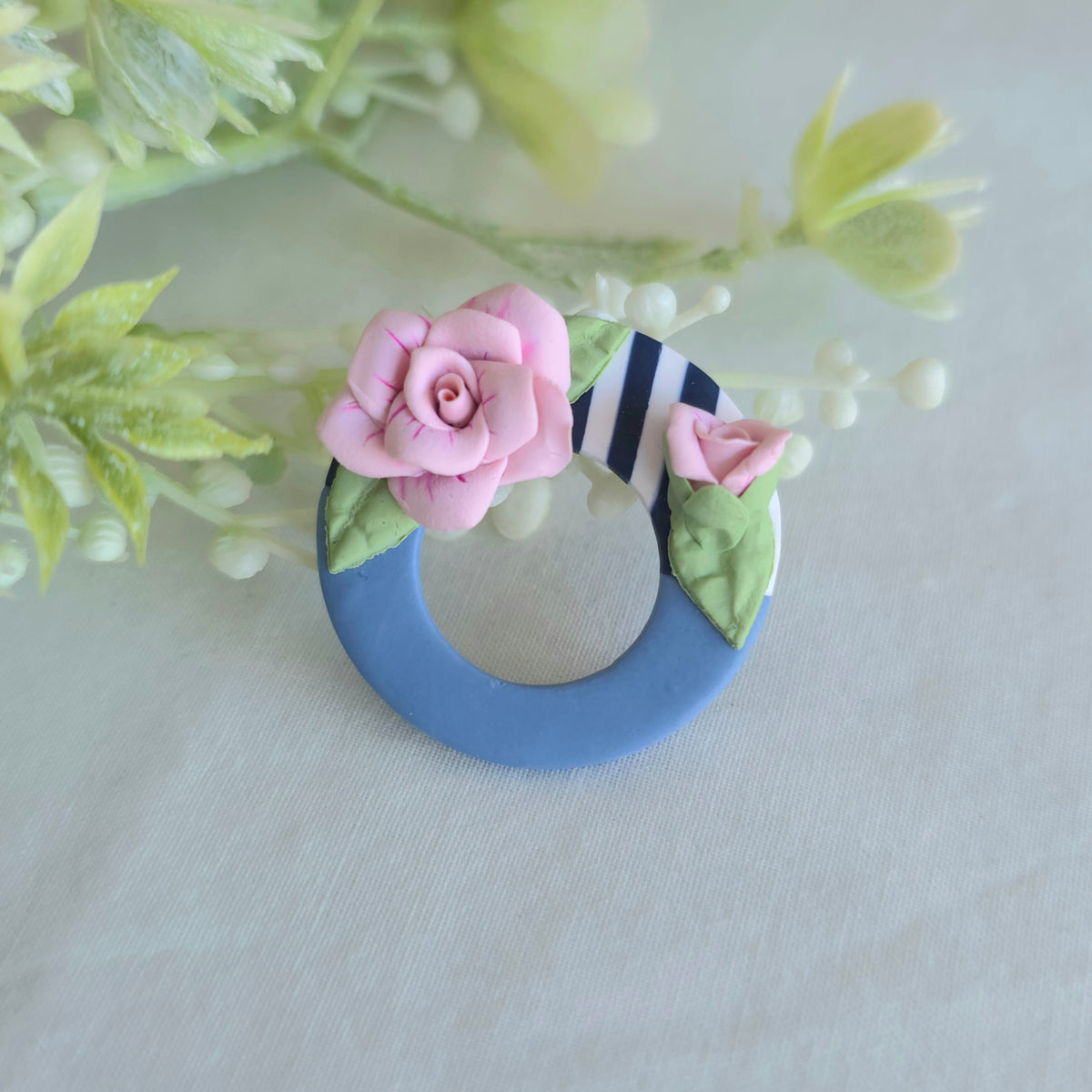 Handmade Pink Rose Earrings | Navy Striped Polymer Clay Dangles | Floral Statement Earrings | Costal | Stripe Studs | Glasses Brooches