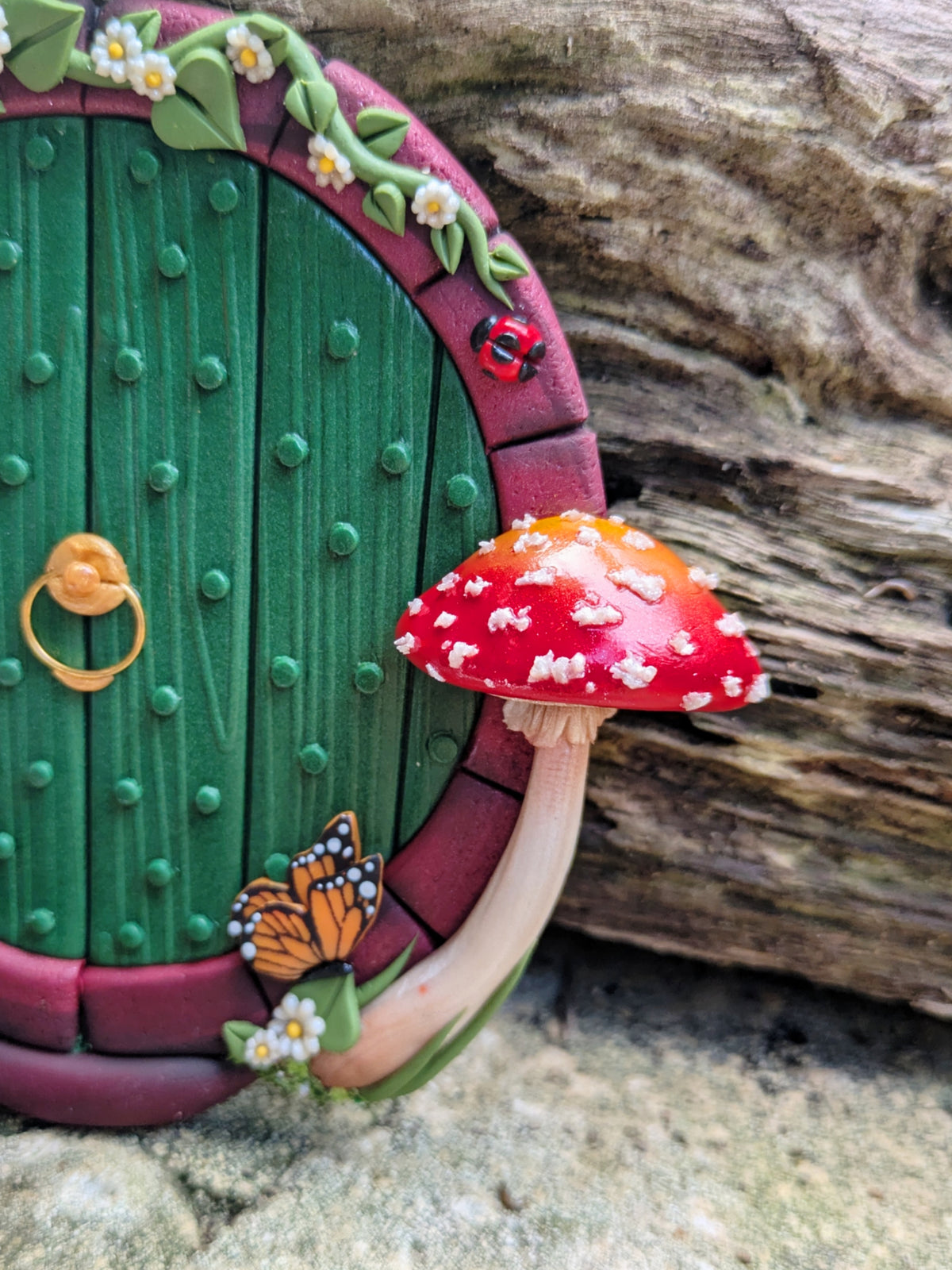 Green Hobbit Door with Aminata Mushroom & Monarch Butterflies 🦋