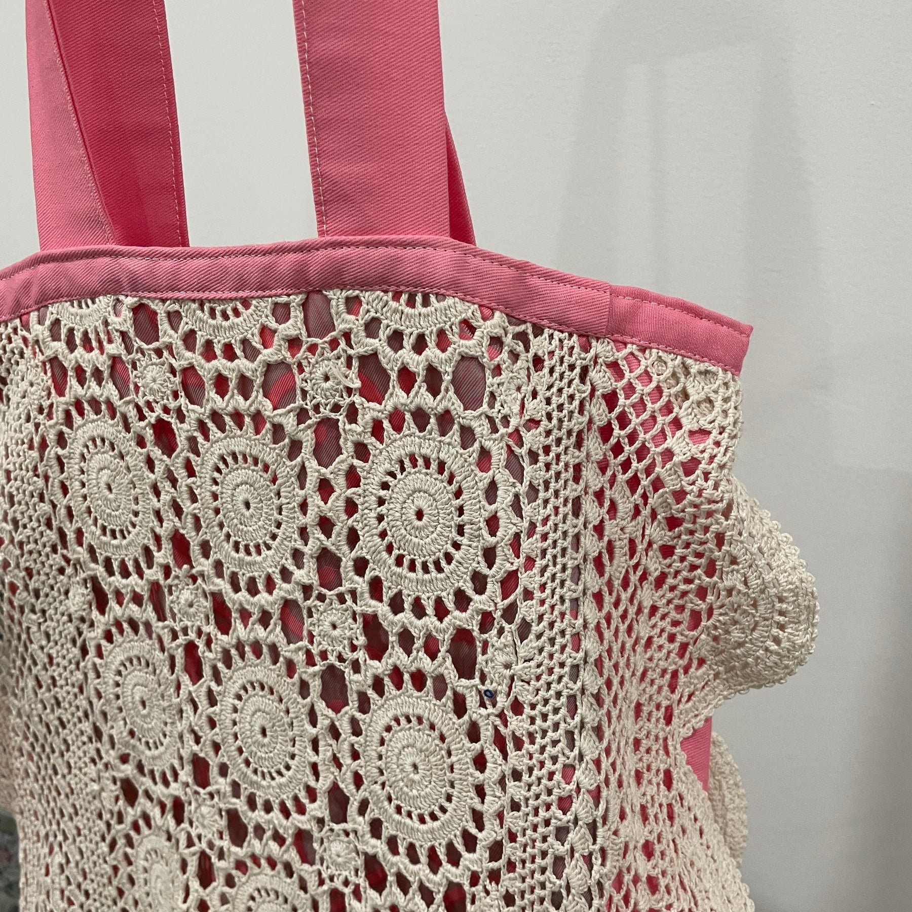 Crochet Doily Tote | Upcycled Silk Scarf & Pink Cotton Shoulder Bag