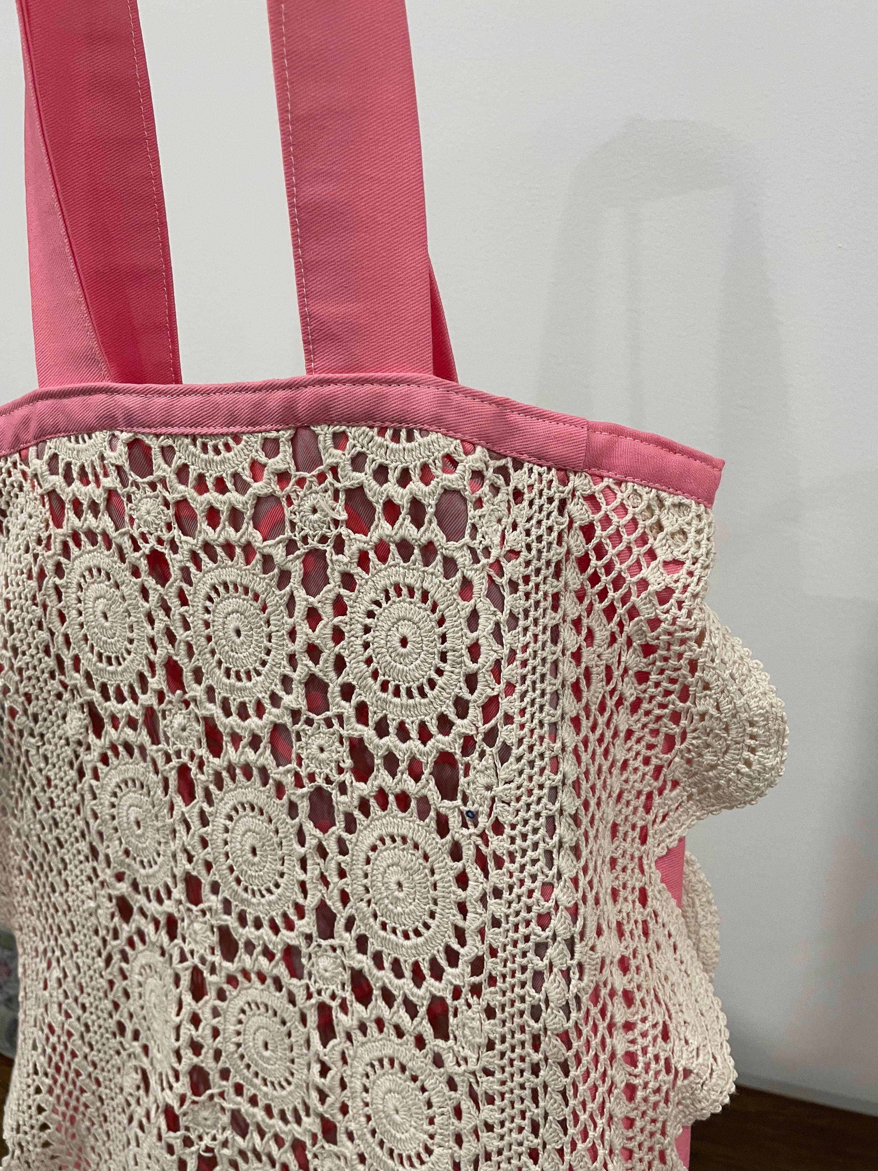 Crochet Doily Tote | Upcycled Silk Scarf & Pink Cotton Shoulder Bag