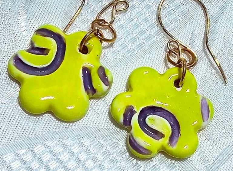 Yellow and Purple Ceramic Artisan Made Earrings FREE POST