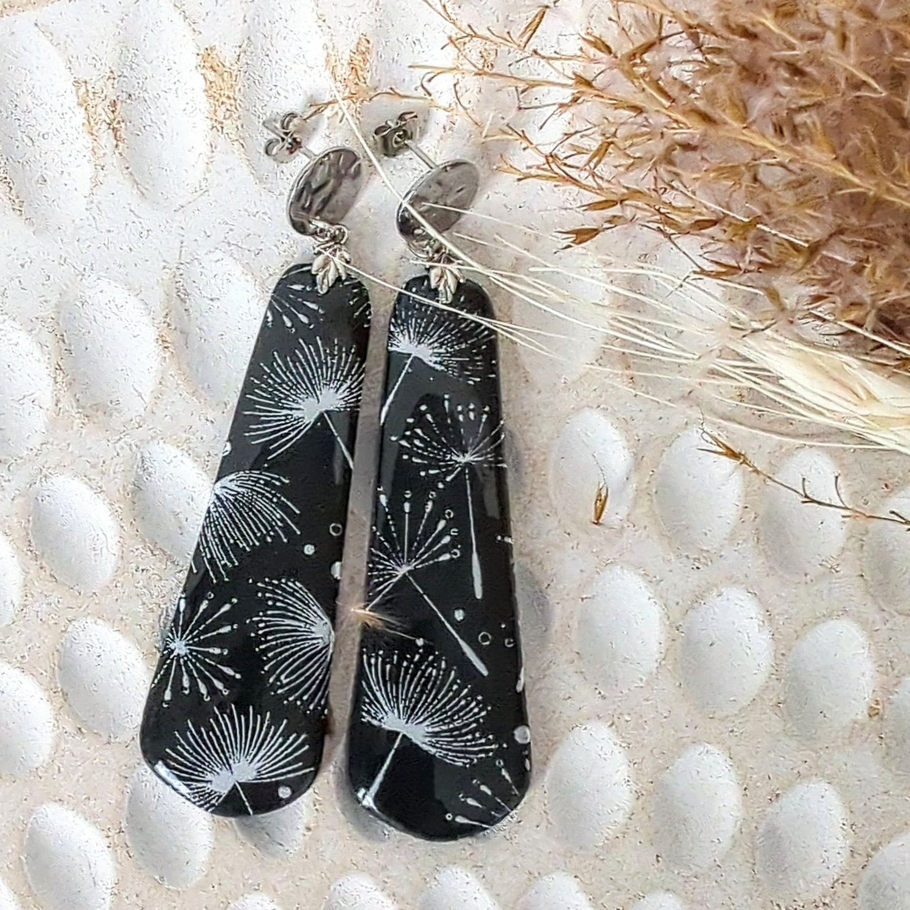 Dandelion Black and White Earrings from Polymer Clay.