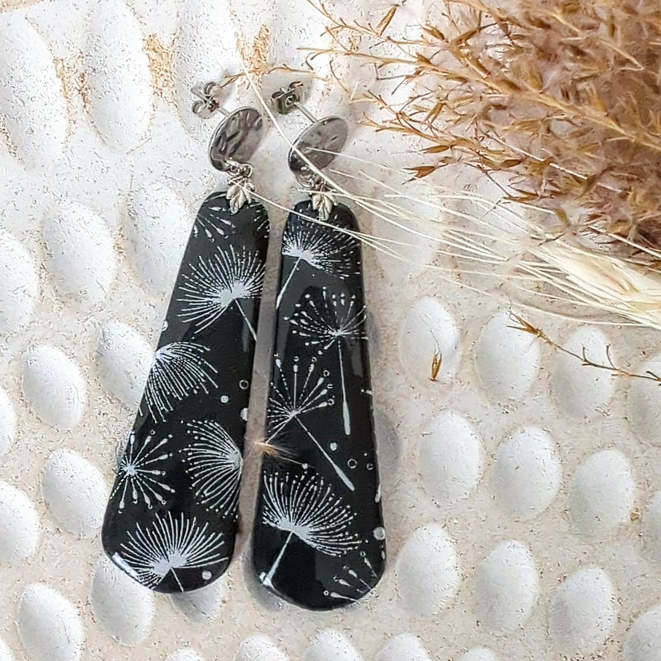 Dandelion Black and White Earrings from Polymer Clay.
