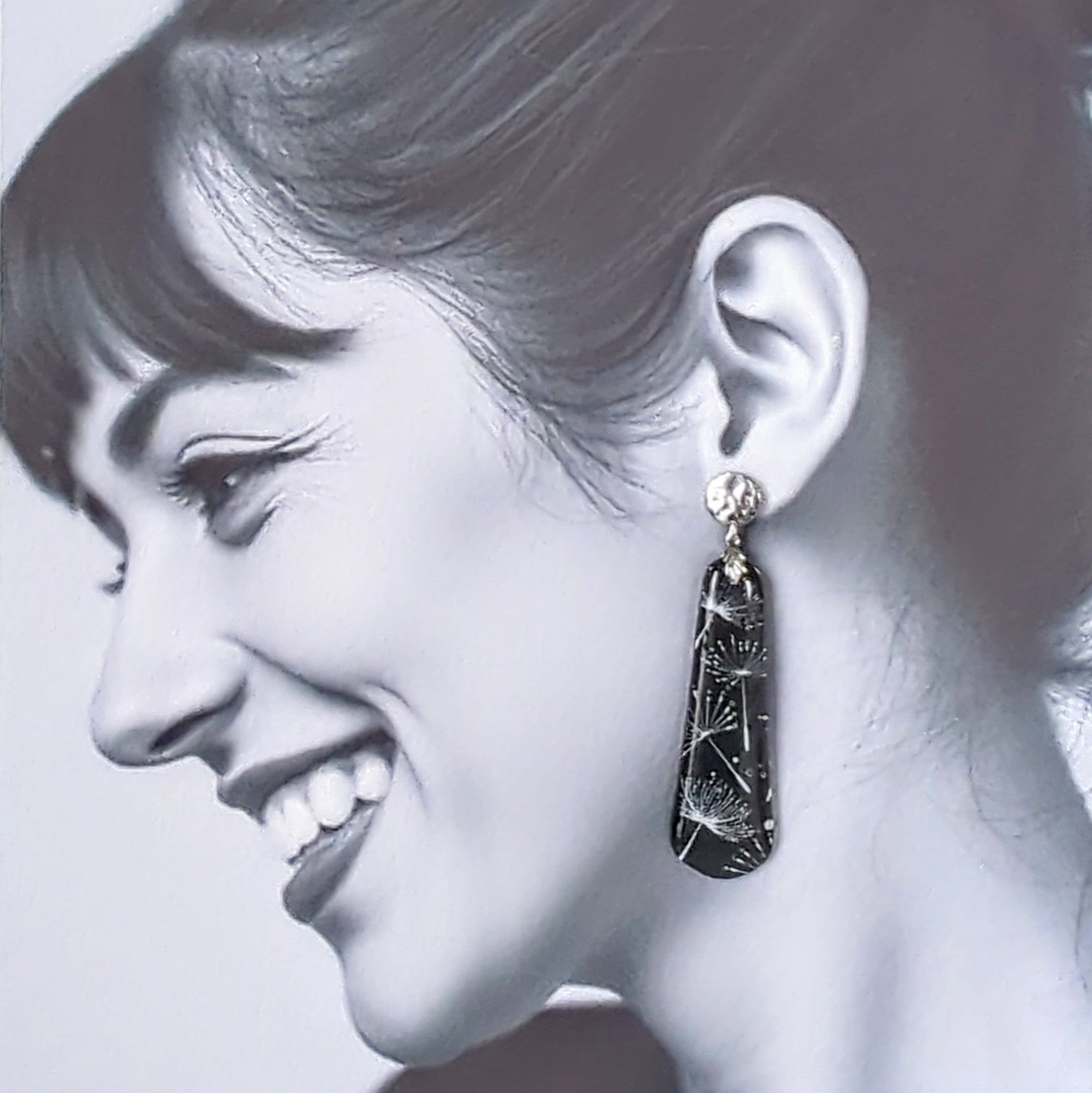 Dandelion Black and White Earrings from Polymer Clay.