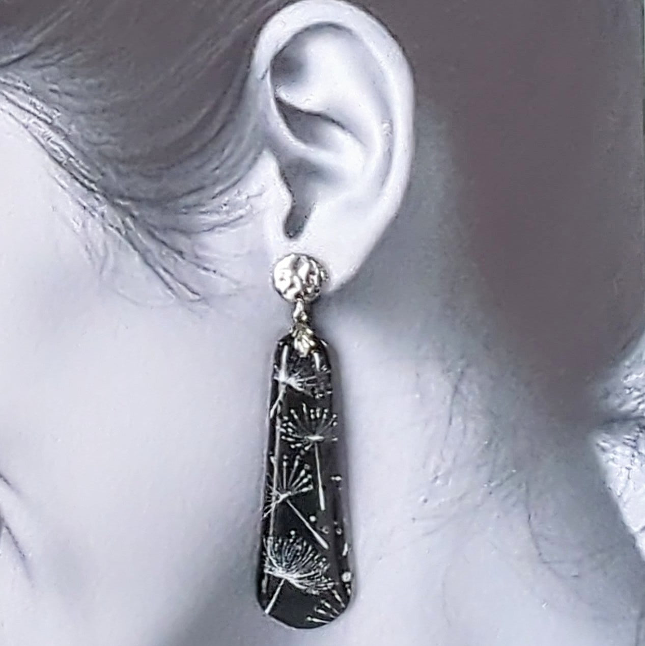 Dandelion Black and White Earrings from Polymer Clay.