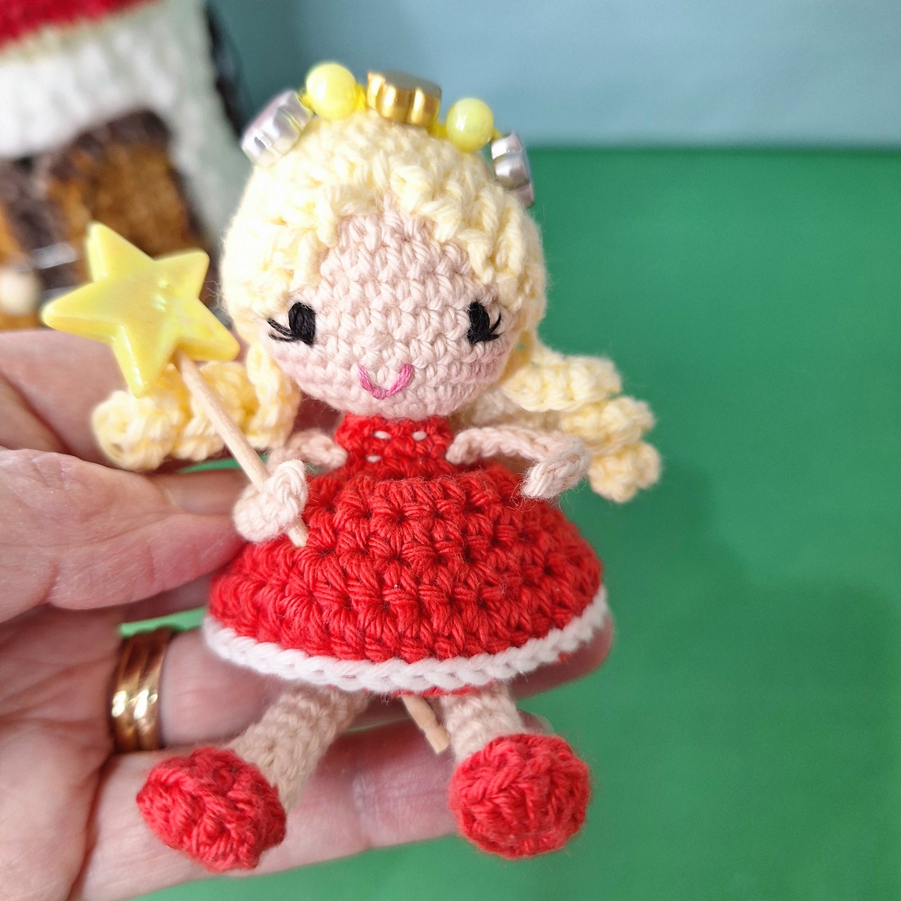 Crocheted Mushroom House Play Set with Two Fairies