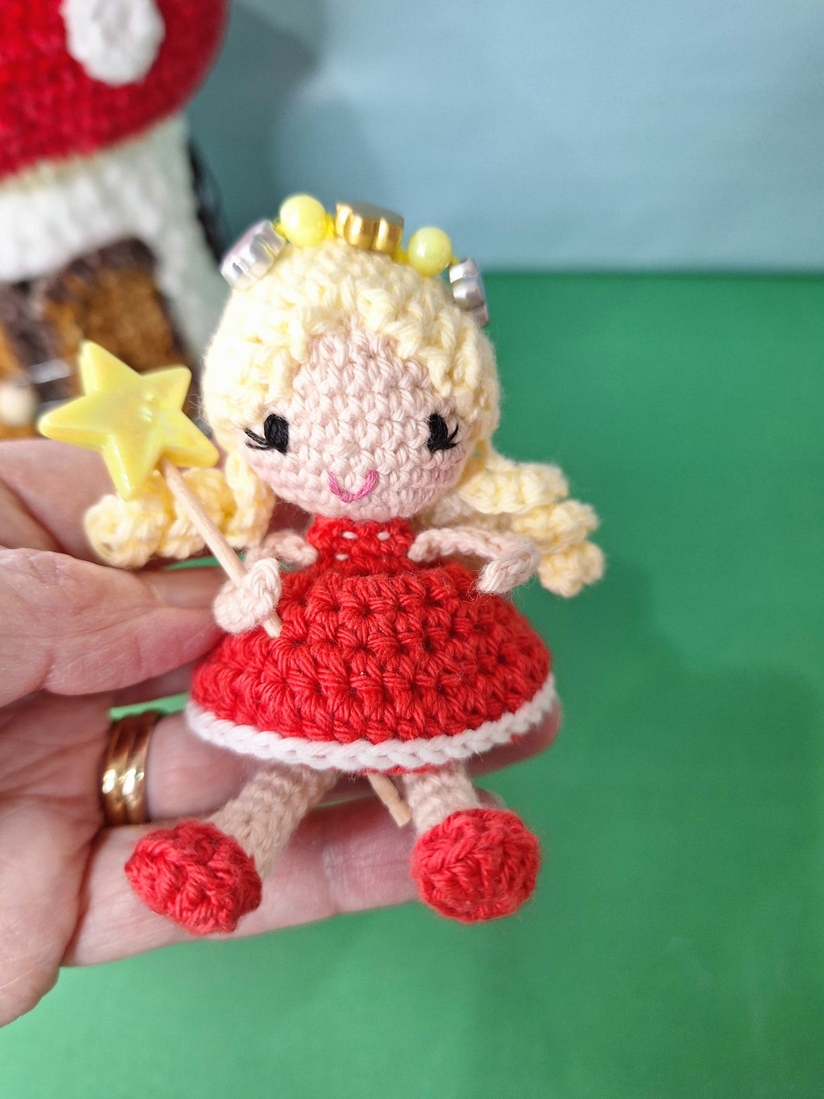 Crocheted Mushroom House Play Set with Two Fairies