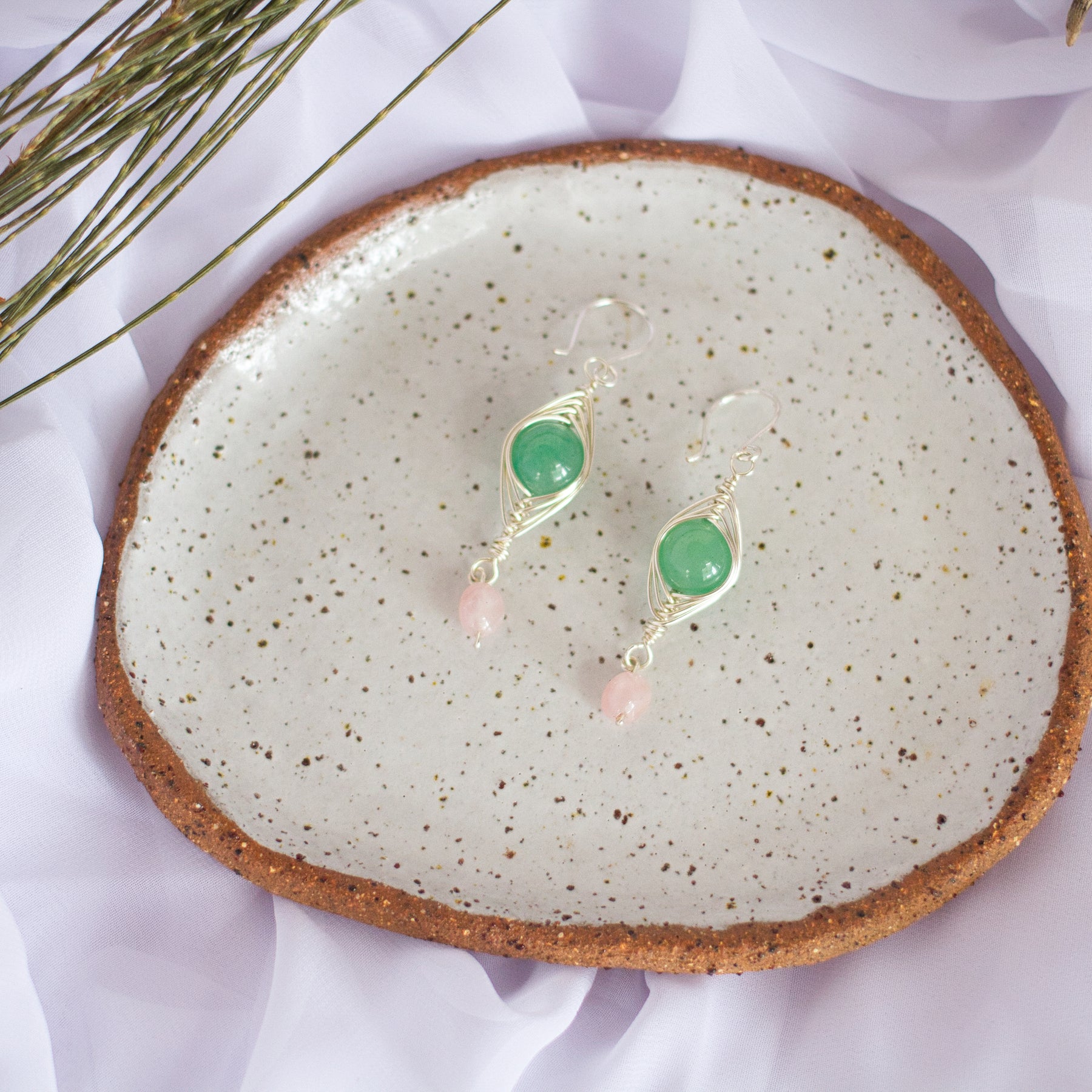 Green Aventurine and Rose Quartz Silver Earrings | Gemstone Wire Wrap Jewellery