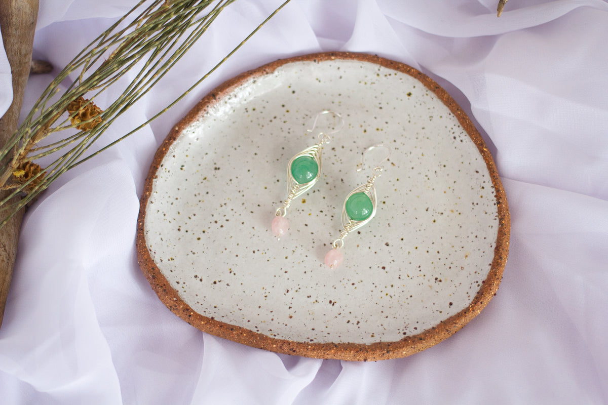 Green Aventurine and Rose Quartz Silver Earrings | Gemstone Wire Wrap Jewellery