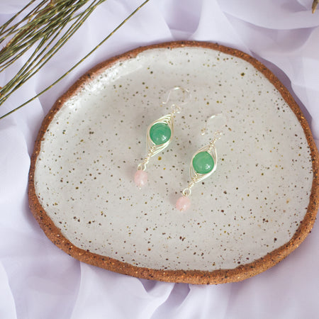 Green Aventurine and Rose Quartz Silver Earrings | Gemstone Wire Wrap Jewellery