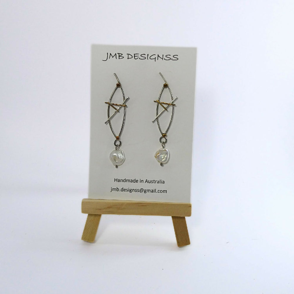 Sterling silver and brass earrings with keshi pearl card M001
