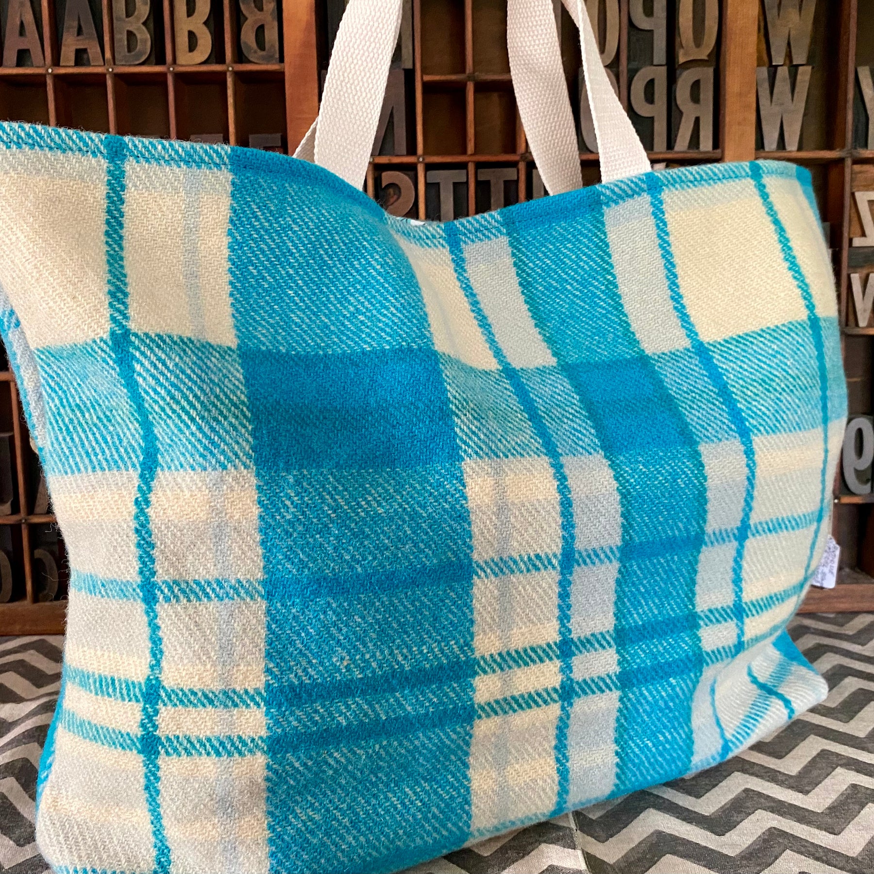 Upcycled Woollen Blanket - Market Tote - Blue