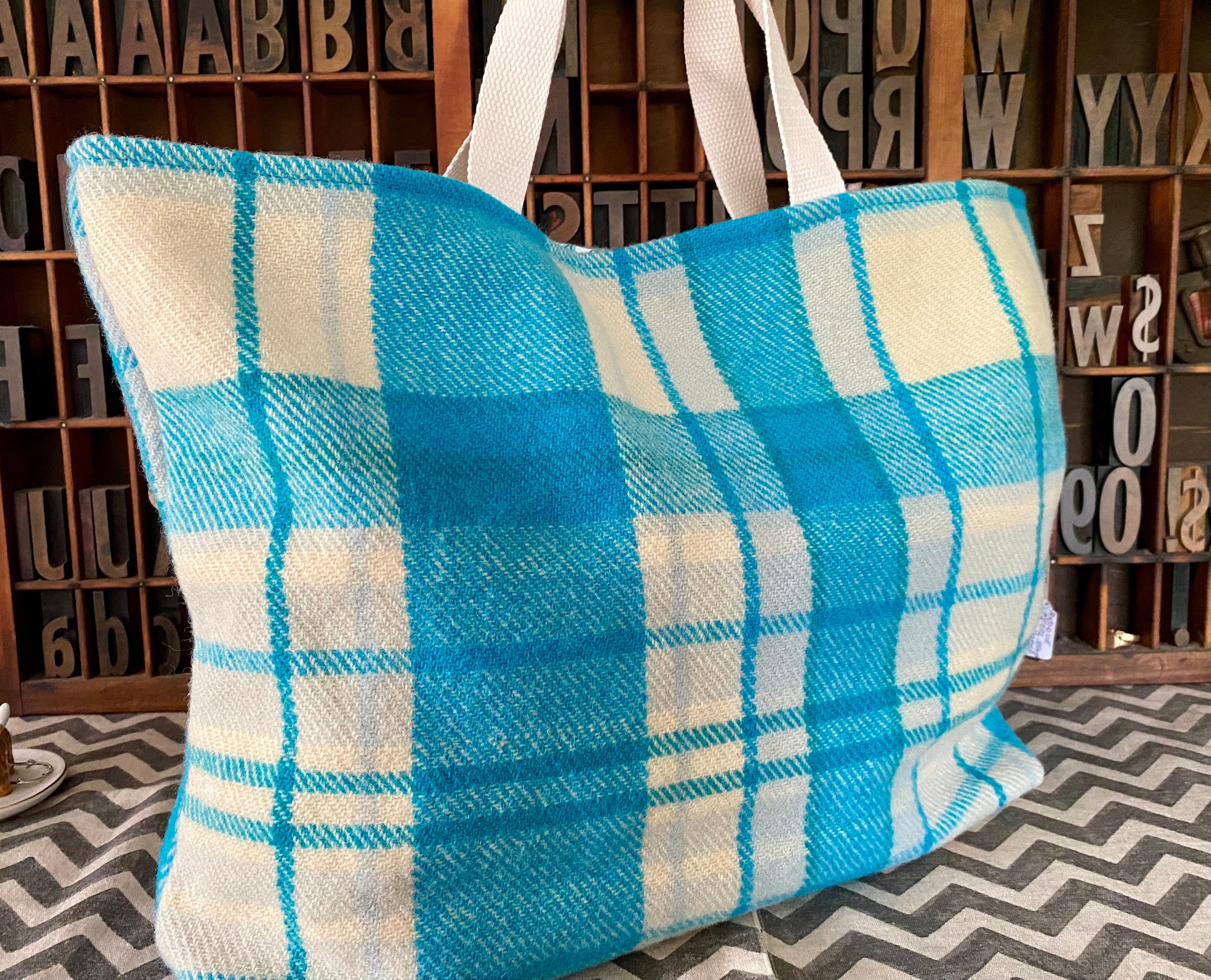Upcycled Woollen Blanket - Market Tote - Blue