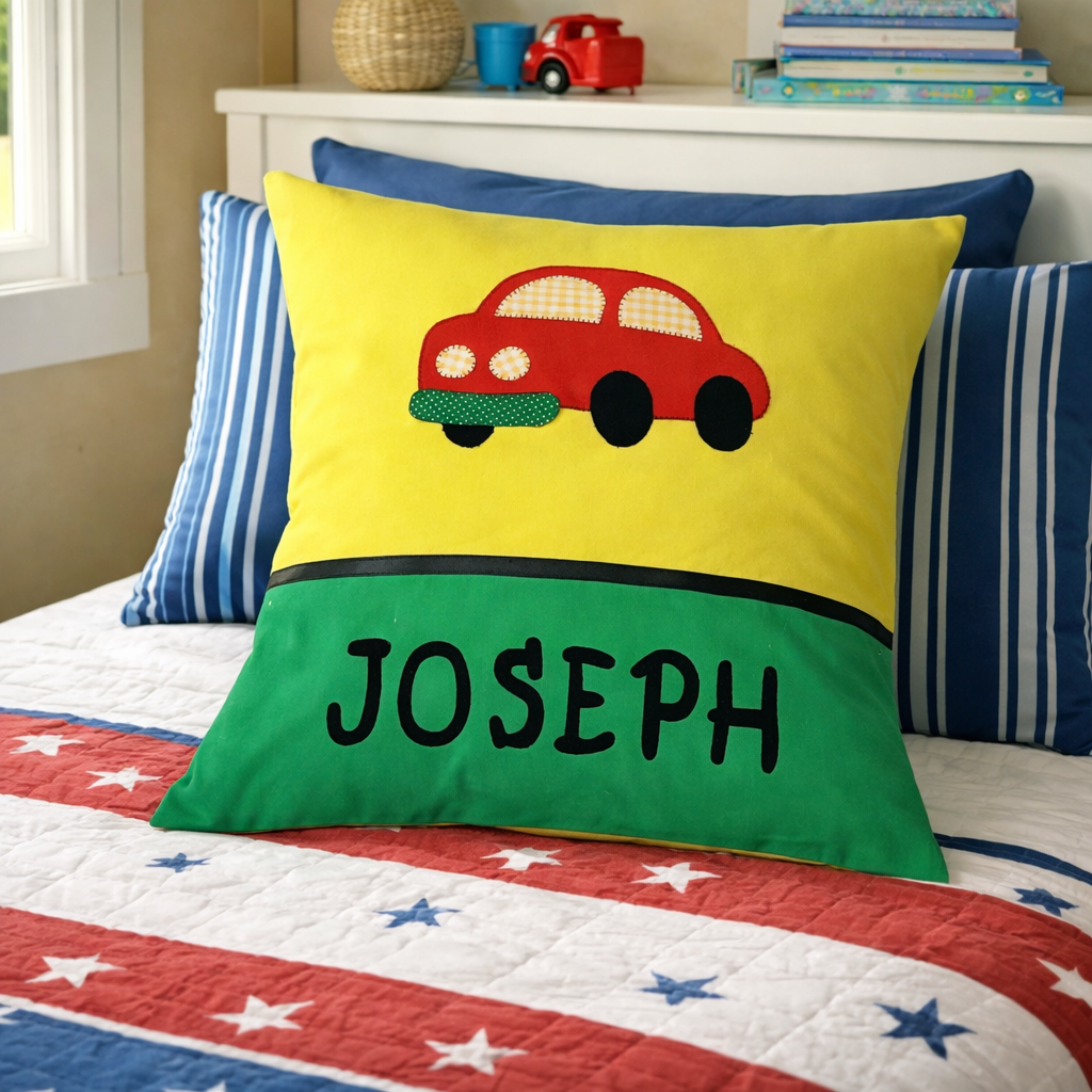 Personalised Kids Cushion | Custom Name Pillow | Handmade Applique Cushion | Nursery Decor - Car