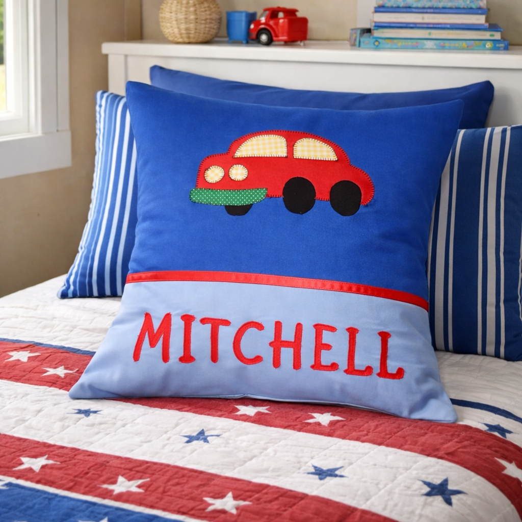 Personalised Kids Cushion | Custom Name Pillow | Handmade Applique Cushion | Nursery Decor - Car