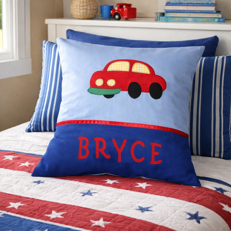 Personalised Kids Cushion | Custom Name Pillow | Handmade Applique Cushion | Nursery Decor - Car