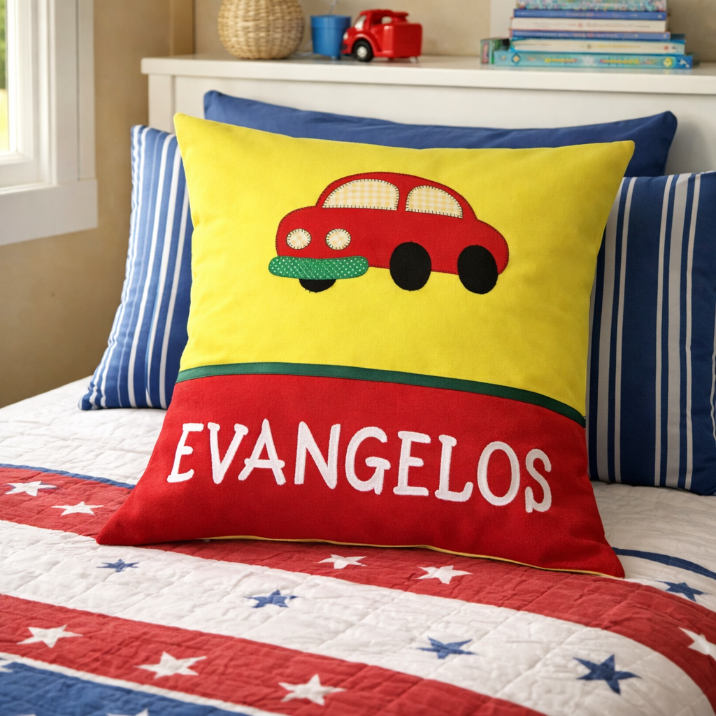 Personalised Kids Cushion | Custom Name Pillow | Handmade Applique Cushion | Nursery Decor - Car