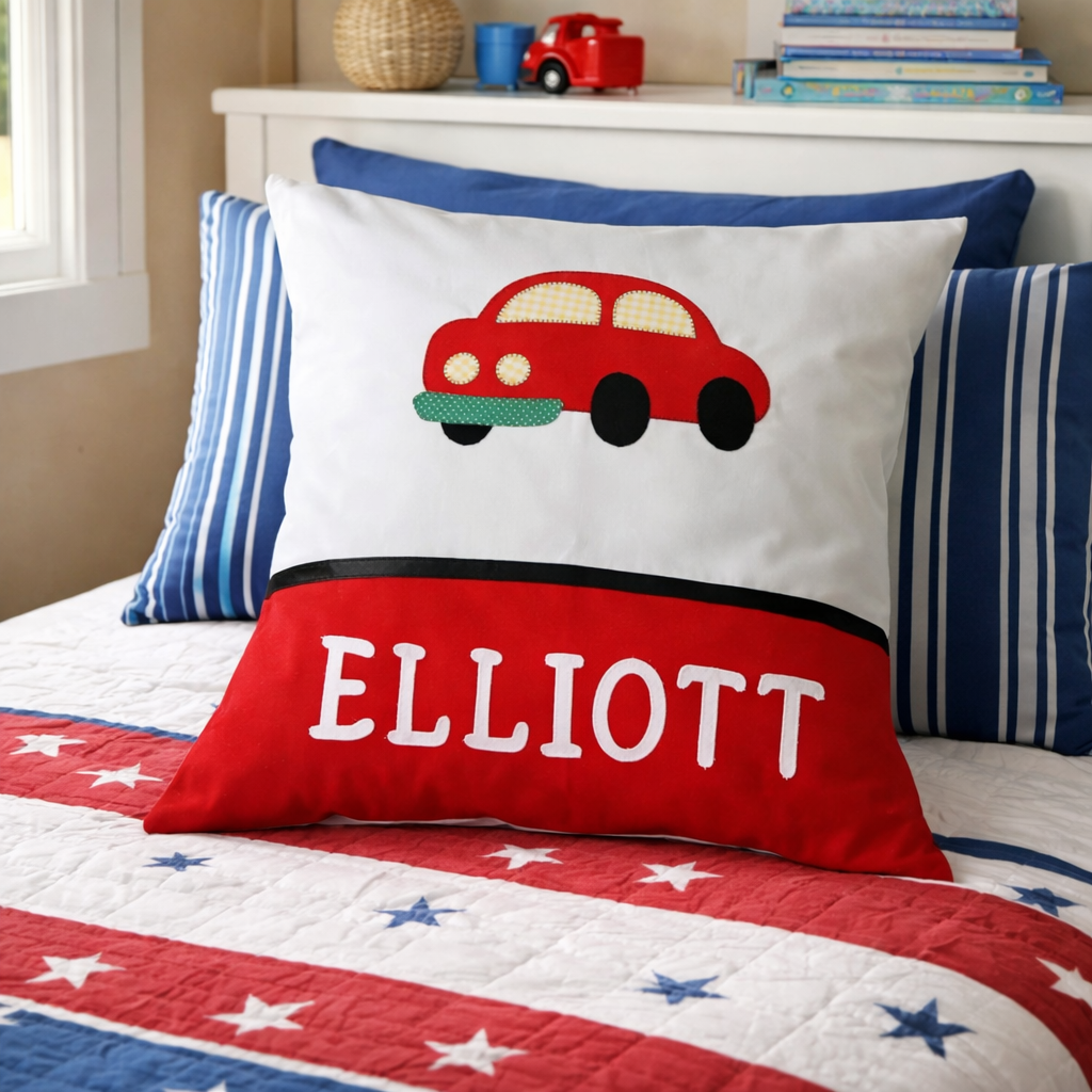 Personalised Kids Cushion | Custom Name Pillow | Handmade Applique Cushion | Nursery Decor - Car