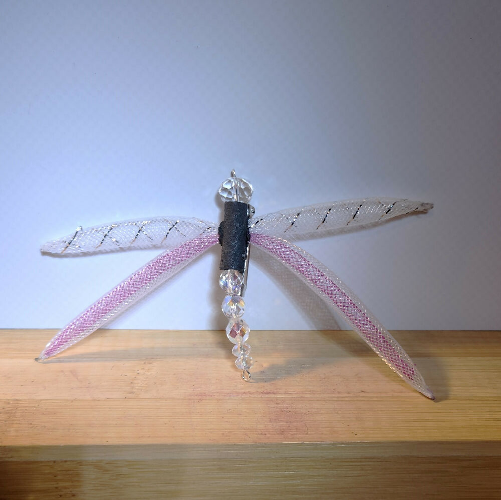 Nylon mesh brooch shawl pin Dragonfly pink and white