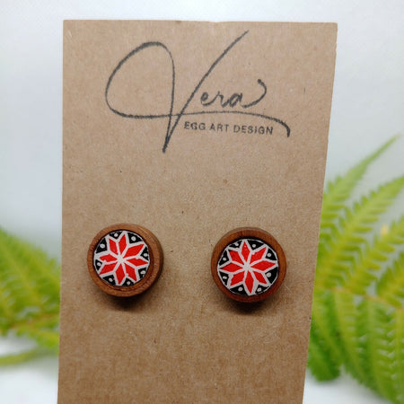 Wood Stud Earrings with Batiked Red Star Eggshell