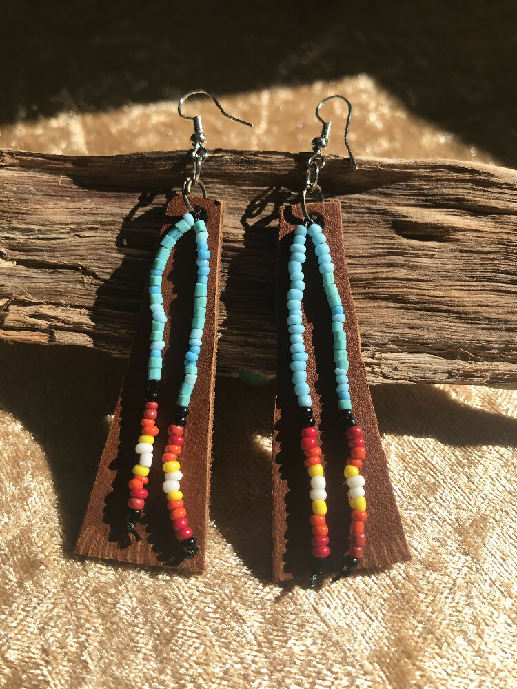 Tan Leather Earrings with 2 x Bead Strands