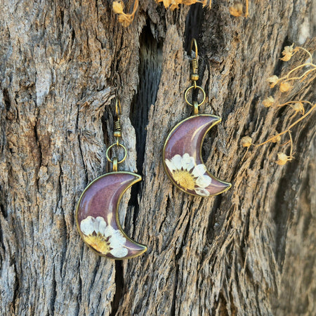 Purple Flower Crescent Moon Antique Gold Earrings