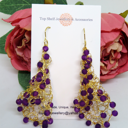 Gold Purple Crochet Wire 'Tulip' Earrings