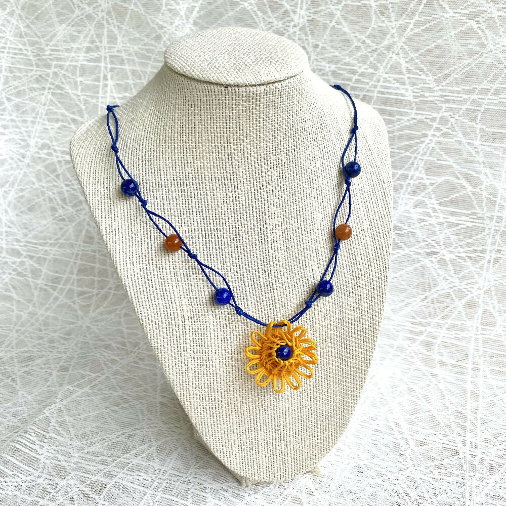 Necklace Knotted Gemstone Beads Flower Pendant